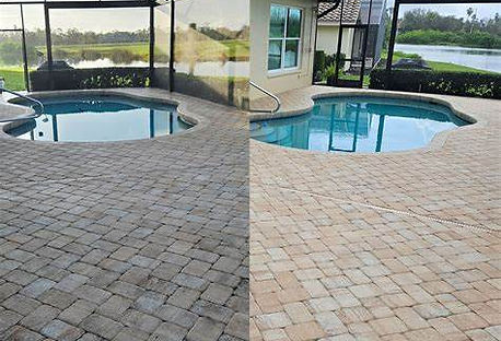 Before and after picture of pool patio pavers getting sealed in Clearwater FL